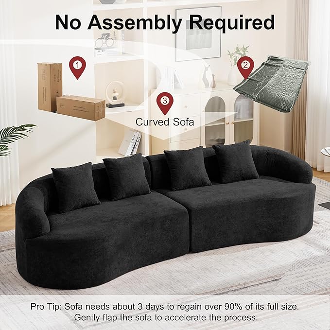 110.2" Curved Boneless Couch, Oversized Cloud Sofa with 4 Pillows, Modern 4 Seater Modular Sectional Sofa, Boneless Sectional Couches for Living Room, Curved Foam Couch, Black
