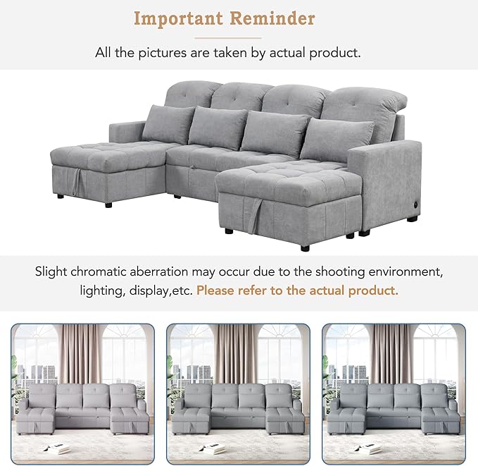 Harper & Bright Designs 110.2" Oversized U-Shaped Sofa Versatile Sectional Sofa Pull-Out Sofa Bed with Double Storage Chaise Lounges and Two USB Ports for Living Room,Gray