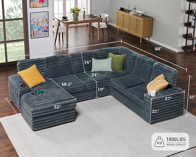 PaPaJet 112 Inch Oversized Couch, U Shaped Sofa with Storage Chaise, Sectional Sofa with Type-C & USB Ports, Faux Fur Dark Grey