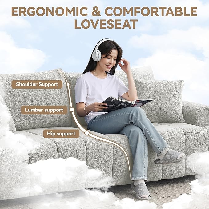 88 "Modern Boucle Sofa Couch, Oversized Comfy 3 Seater Sherpa Curved Sofas Deep Seat, Upholstered Loveseat Teddy Round Arm Couches for Living Room, Bedroom, Light Grey