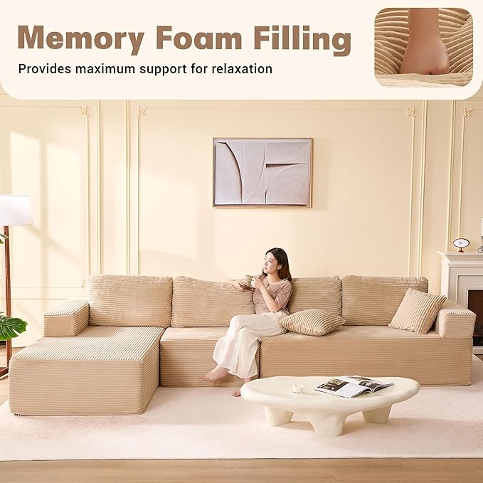 138" Boneless Couch with Deep Seat, Set of Modular Sectional Sofa, Cloud Sectional Couch for Living Room, No Assembly Required, Corduroy, 4 Seater L-Shape Left, Camel