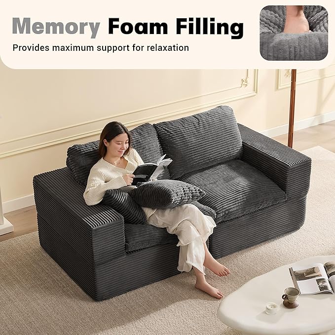74.8” Set of Cloud Couch, Modular Loveseat Sofa, Convertible Sofas Bed, Deep Seat Sofa, Cozy Sofa for Living Room, Office and Bedroom, Corduroy, Gray