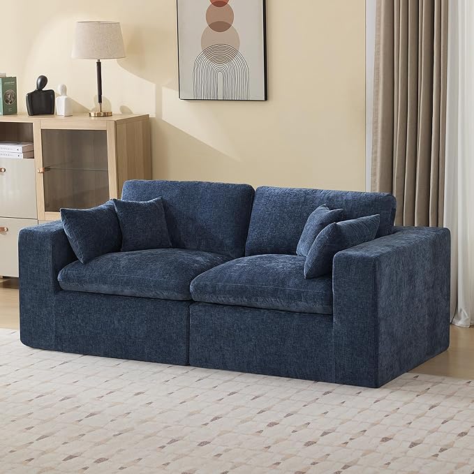 83''Cloud Boneless Sectional Couch, Modular Sectional Sofa Deep Seat, Upholstered Convertible Comfy Loveseat Chenille Memory Foam Sofa Couches for Living Room, Navy