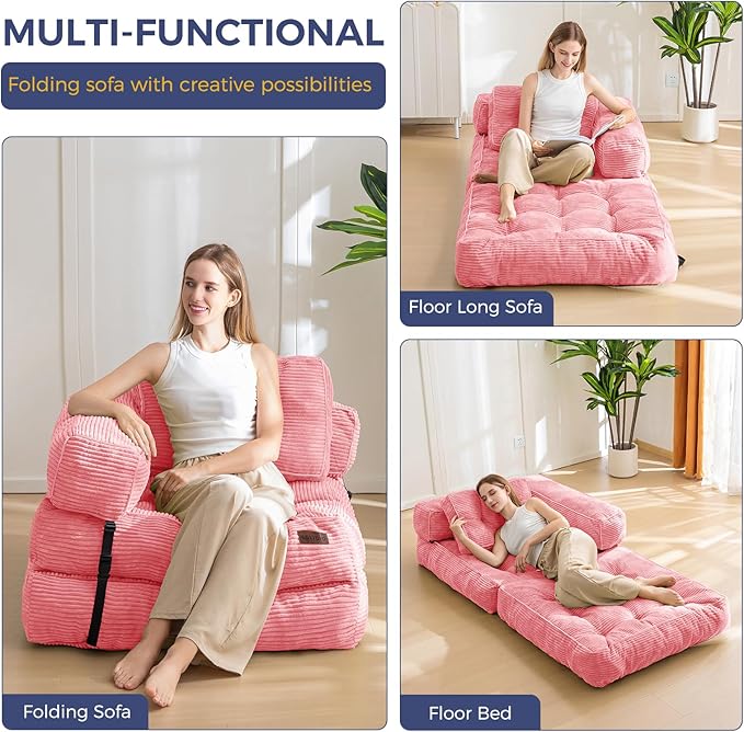 MAXYOYO Folding Sofa Bed, L-Shaped Convertible Sofa Bed with Armrest Foldable Sleeper Sofa with Pillow, Portable Fold Out Chair Bed Comfy Floor Lounge for Living Room Bedroom, Pink