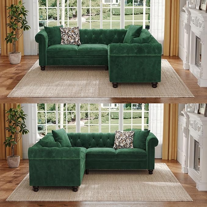 ONBRILL Velvet Chesterfield Sofa, L Shaped Sectional Sofa with Tufted Back & Rolled Arms, 3 Throw Pillows, Small Corner Sectional Couch for Living Room, Apartment, Green | Velvet Fabric