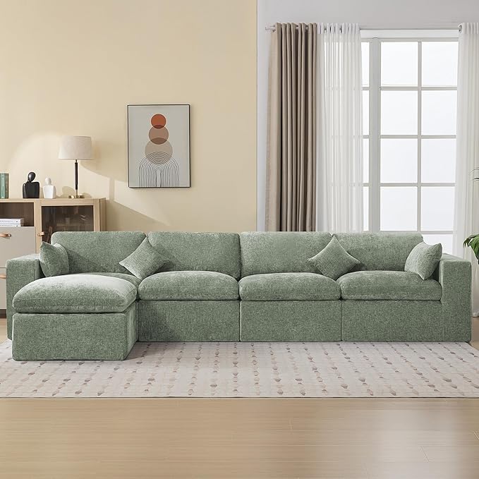 146''Cloud Boneless Sectional Couch, Modular Sectional Sofa Deep Seat with Ottoman, Oversized Upholstered Convertible Comfy 5 Seater Chenille Sofa L Shape Couches for Living Room, Green
