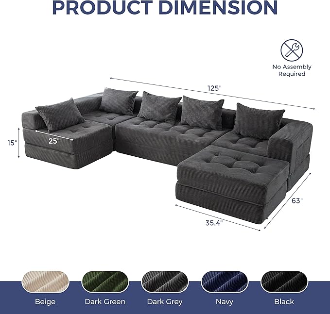 MAXYOYO Modular Sectional Sofa Couch, Foldable U Shaped Cloud Couch with Pillows, Tufted 6-Seat Boneless Sleeper Lounger Floor Sofa Bed for Living Room, No Assembly Required, Dark Grey