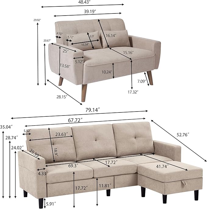 Convertible Sectional Sofa Set, Small L Shaped 3-Seat Couch with Reversible Chaise and Loveseat Sofa, Modern Polyester Sofas Couches for Living Room, Beige | L Shaped 3-Seat, Reversible Chaise, Loveseat Sofa, Modern Polyester, For Living Room