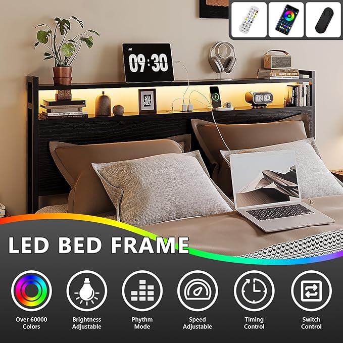 VINGLI Full Bed Frame with 4 Storage Drawers and Adjustable Headboard Shelf, Metal Double Platform Captain Bed with Charging Station and RGB LED Lights, No Box Spring Needed, Noise Free, Black