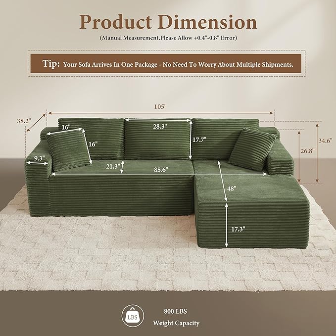 96" Sectional Couches for Living Room Cloud Couch Sofa with L-Shape Upholstered Boneless Couchs Modern Modular Sectional Couch with Chaise (Green, 96" W+Right Facing Chaise+2Seaters)