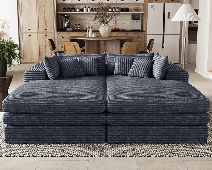 Belffin Double Chaise Lounge Sofa Bed Plush Corduroy Boneless Sectional Cloud Couches for Living Room Boneless Cloud Couch with Deep Seat No Assembly Required. Grey Sofa
