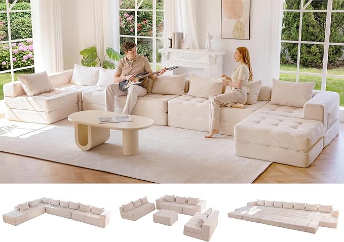 MAXYOYO Modular Sectional Sofa Couch, Foldable Oversized U Shaped Cloud Couch with Pillows, Tufted Boneless Sleeper Lounger Floor Sofa Bed for Living Room, No Assembly Required, Beige