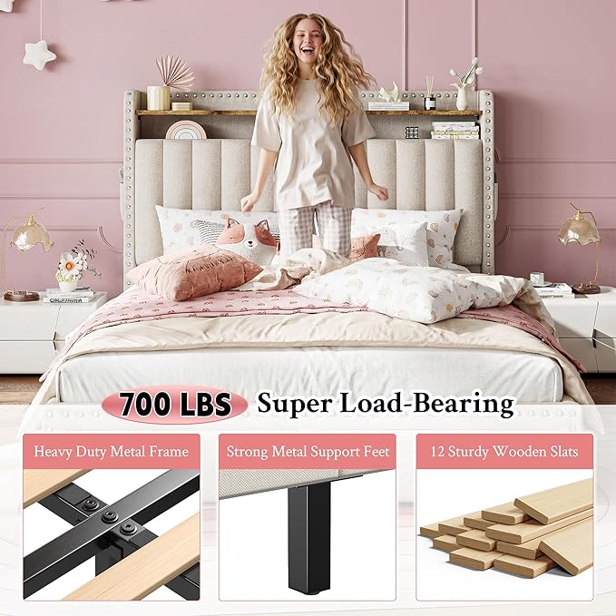 EnHomee Full Size Bed Frame, Upholstered Full Bed Frame with 2 Storage Drawers and 2-Tier Headboard, Vertical Tufted Headboard Design, Extra Storage Space for Bedroom Apartment, Beige