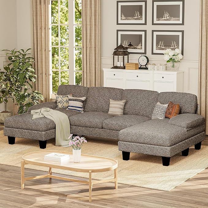 Furmax Sectional Couches for Living Room, U-Shaped Sofa Couch with Linen Fabric, 4 Seat Sofa Set with Double Chaise for Apartment (Loop Yarn, Pearl Gray)