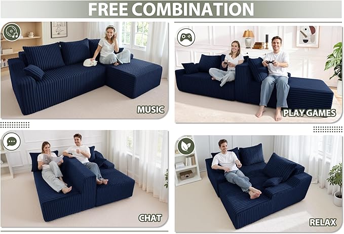 HABUTWAY 94'' Cloud Sectional Couch, Boneless Sofa with Deep Seat, Modular Comfy L-Shape Couch with Chaise for Living Room Bedroom, No Assembly Required(Blue,Right Facing Chaise)