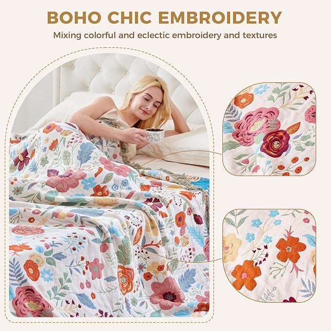 LUTBM Boho Throw Blanket for Couch Sofa Chair Cotton Spring Blankets for Bedroom Living Room All Season Soft Lightweight Reversible Floral Embroidery Throws 50"x60" Bohemian Room Decor