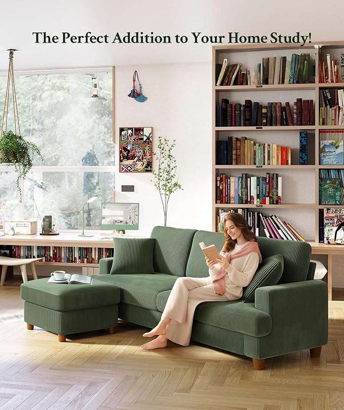 87.2" Couches for Living Room, Comfy L Shaped Couch Green 7.5" Thicker Cushion, Sofas for Living Room Tool-Free Setup, Loveseat with Ottoman 848lbs Support, Corduroy Couch for Bedroom, Office