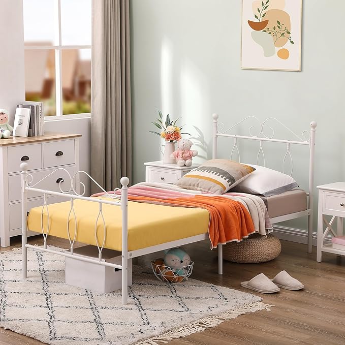 FurnitureR Platform Metal Bed Frame with Headboard/Footboard/Steel Slats, Modern White Mattress Foundation with Storage, No Box Spring Needed Double Bed, Easy Assembly, Single