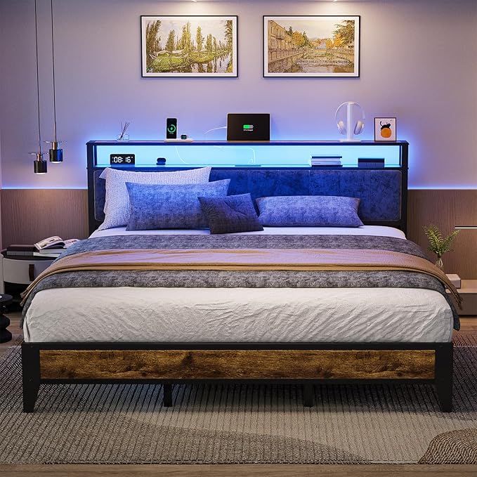 OLEVS King Bed Frame with Headboard, Metal Platform Bed King Size with 2-Tier Storage, LED Light & Charging Station Type C, No Box Spring Needed, Easy Assembly