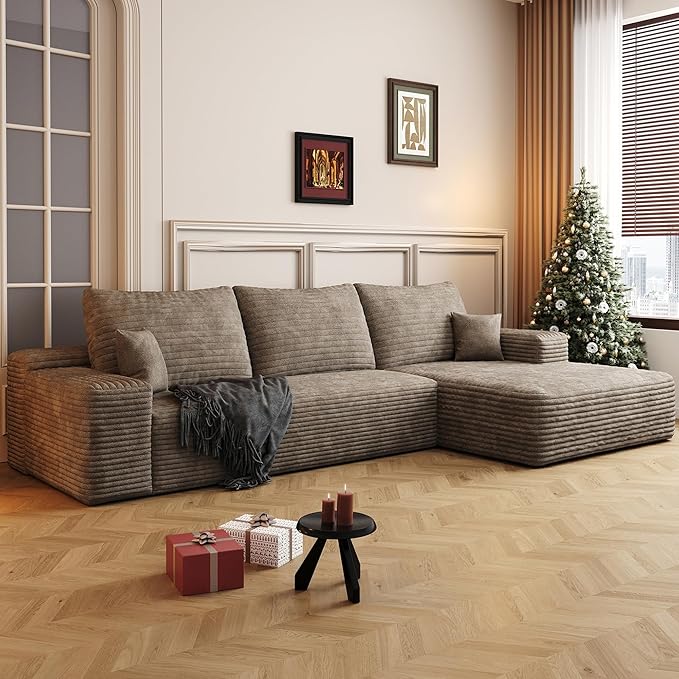 108" Sectional Couches for Living Room Cloud Couch Sofa with L-Shape Upholstered Boneless Couchs Modern Modular Sectional Couch with Chaise (Camel, 108" Right Facing Chaise+2Seaters)
