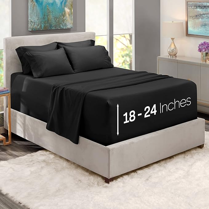 Hearth & Harbor Extra Deep Pocket Sheets - Fits Mattress 18-24 Inches Deep - Extra Deep Pocket Full Size Sets - 6 Piece Full Size - Full - Black
