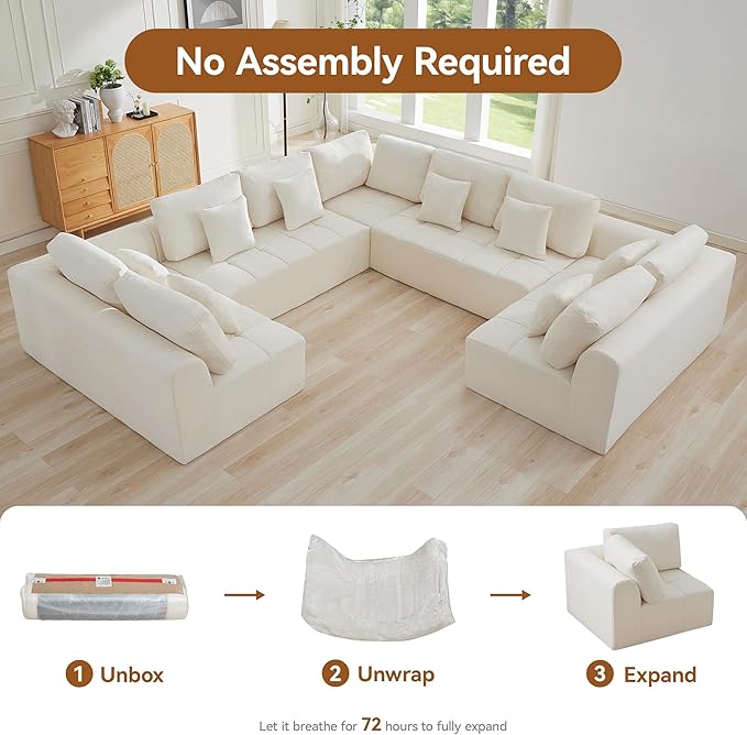 140''Modular Sectional Couches for Living Room, Cloud Boneless Compressed Sectional Sofa, Oversized U Shaped 9 Seater Upholstered Memory Foam Sofa, No Assembly, Chenille Beige