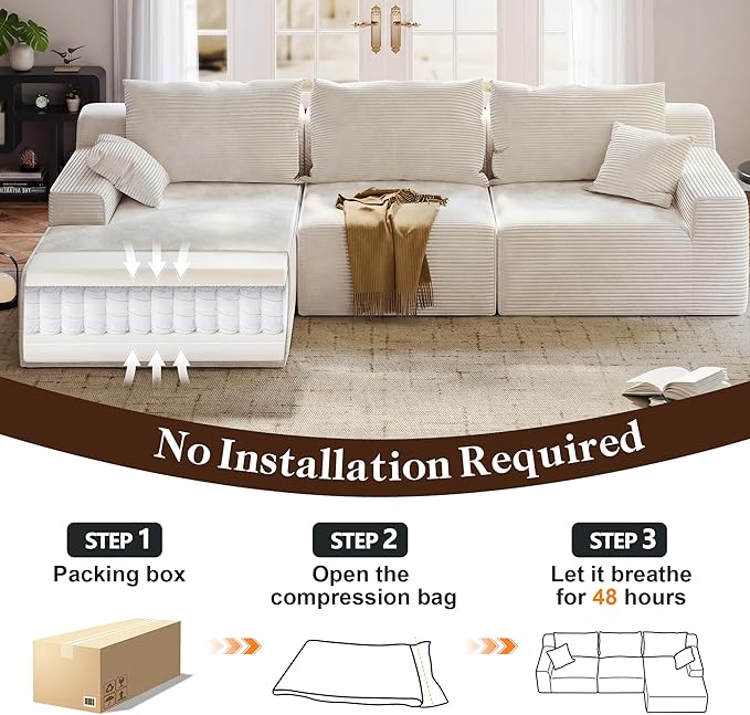 97" L-Shaped Cloud Corduroy Sofa with Left Chaise, Modular Sectional Couch, Flexible Combination Couches for Living Room, Bedroom, No Assembly Required (White)