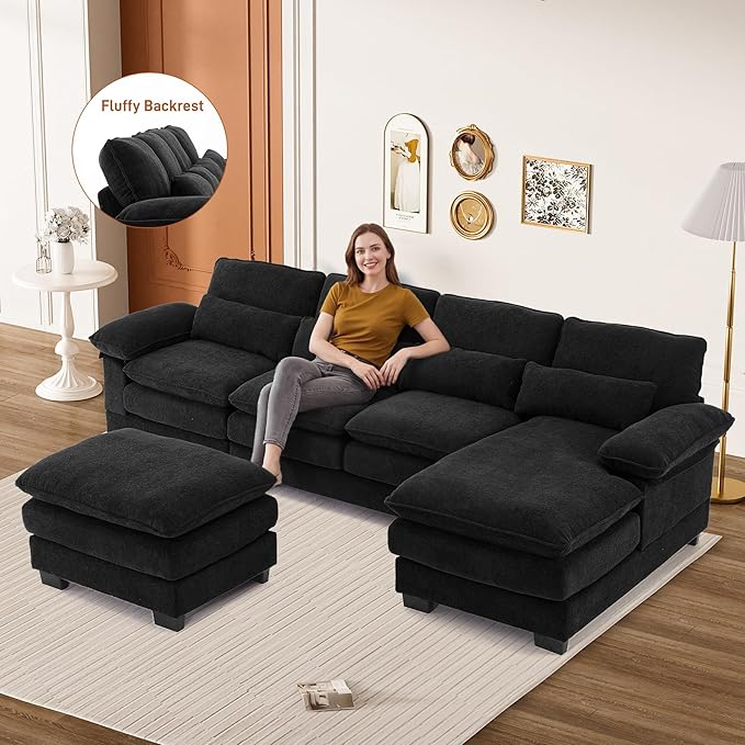 113" Cloud Couch Sectional Modular Sofa U Shaped Sectional Couches for Living Room Comfy 5-Seater Deep Seat Couch Chenille Cloud Sectional Sofa with Movable Ottoman & 4 Pillows, Black