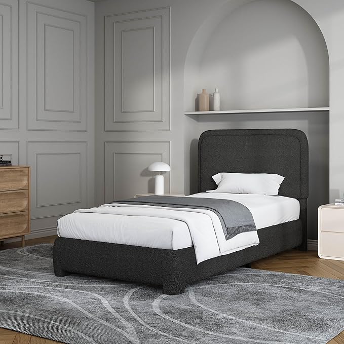 BarnFurin Twin Size Bed Frame, Boucle Upholstered Platform Bed Frame with Headboard, Soft Rounded Corners, No Box Spring Required, Non-Slip and Noise-Free, Easy Assembly, Black