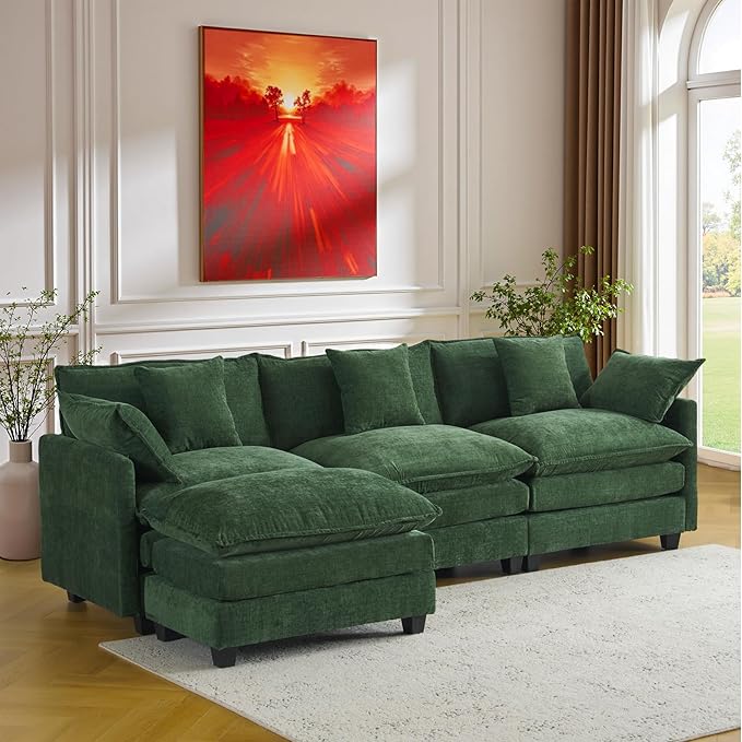 111.4" L-Shaped Cloud Chenille Sofa Sectional Couch with Reversible Chaise, Flexible 3+1 Layout for Large Spaces, Deep Seat and Free Pillows Included