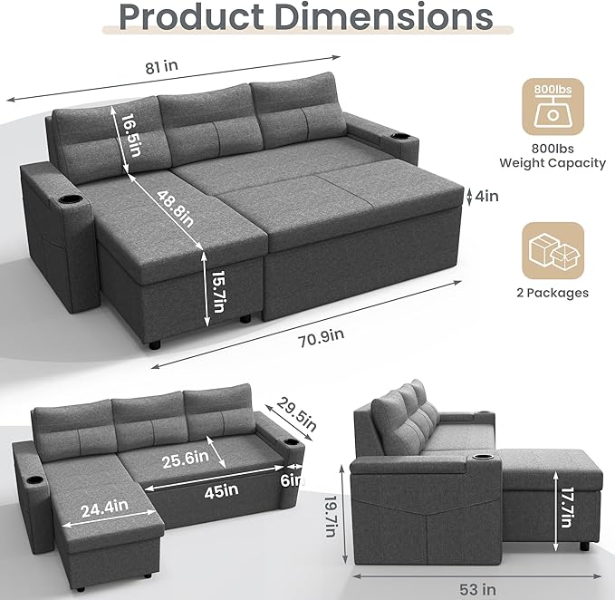 Pamapic 81" Sleeper Sofa with Armrest Storage,L-Shaped Sofa with Supportive Cushions,Cup Holders,Side Pockets,Pull Out Sleeper Sofa Bed,Pullout Sectional Sofa Couch with Large Storage,Gray