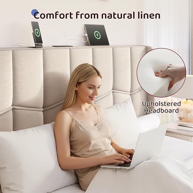 BRELTAM Queen Upholstered Platform Bed Frame with Linen Headboard & Wing Side, Built-in Charging Station, Wooden Slat Support, Mattress Foundation, No Box Spring Needed, Beige