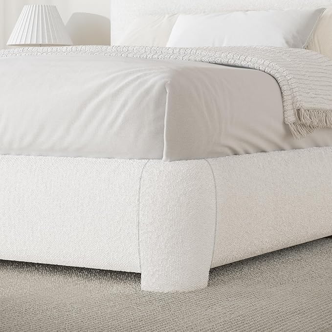 BarnFurin Boucle Upholstered California King Bed Frame/Soft Rounded Corners Headboard/Low Profile Bed Frame/No Box Spring Needed/Non-Slip and Noise-Free/White