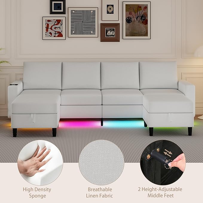 U Shaped Sectional Couches for Living Room, 109" Linen Cloud Couch with Chaise Lounge/Storage Ottoman, 4 Seat Sectional Sofa with Smart Module-Wireless Charging/USB/Type-C/RGB Lights (White)