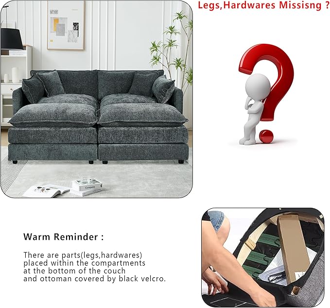 Setawix Deep Loveseat Couch with Ottomans,Large 2 Seater Lounger Cloud Couches for Living Room,77.16" Chenille Cloud Sofas with Deep Seat,Modular Sectional Sleeper Sofa for Bedroom(Grey, 2+2)