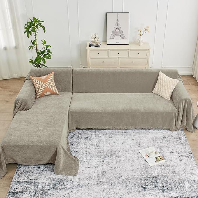 Sectional Couch Covers, 2 Pieces Chenille Sofa Cover L Shaped Couch Cover Blanket for Dogs Washable Sofa Slipcovers Pet Furniture Protector (XX-Large: 71" x 118" + 71" x 118", Smoked Tan)
