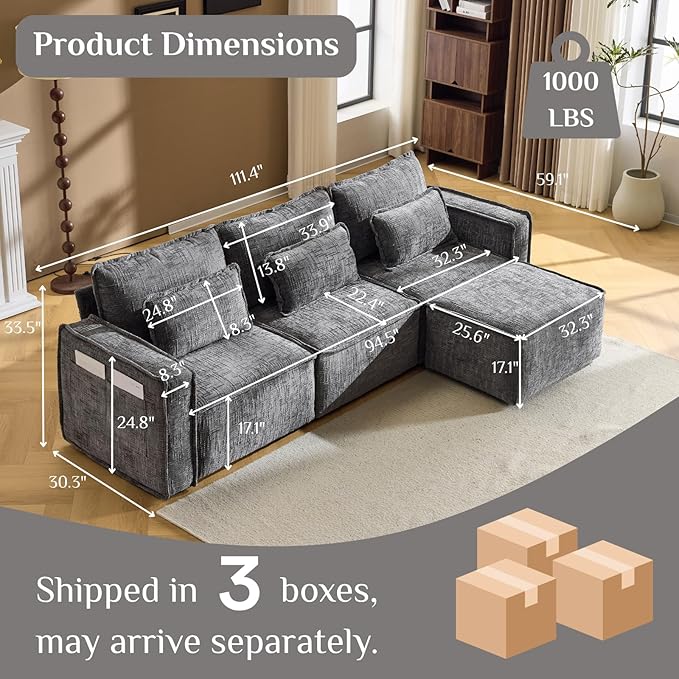 Karl home 110" Cloud Sectional Couches with Moveable Ottoman 3 Seat Boneless Modular Sofa Set L-Shape Convertible Couche with Chenille Upholstery for Living Room, Apartment, Studio, Gray