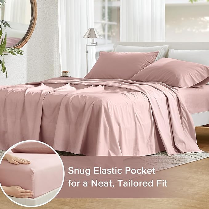 Comfort Spaces 100% Cotton Sheets Queen, Breathable & Ultra Soft Cotton Sheets, Naturally Cool Cotton Bed Sheets with 14" Elastic Pocket Fits up to 16" Mattress, All Seasons Sheet Set, Pink 4 Piece