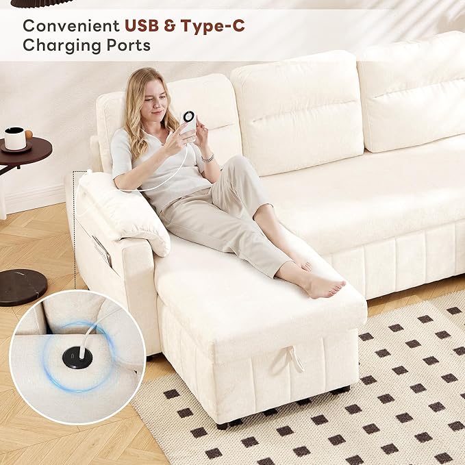 Tbfit 108'' Pull Out Sofa, Cloud Sleeper Sofa Bed with USB & 2 Storage Chaises, Comfy Oersized U Shaped Convertible Sectional Sleeper Couches for Living Room, Apartment, Office, White Sherpa