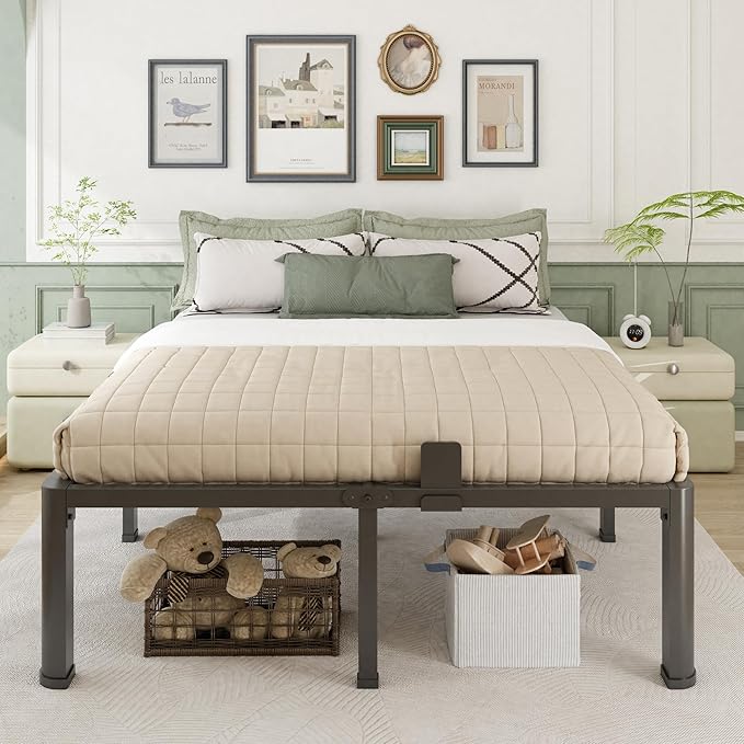 Firpeesy 18 Inch Queen Bed Frame with Rounded Corner and Headboard Hole Mattress Retainers 3500 lbs Heavy Duty Support Metal Platform Bed Frame Noise Free No Box Spring Needed Easy Assembly