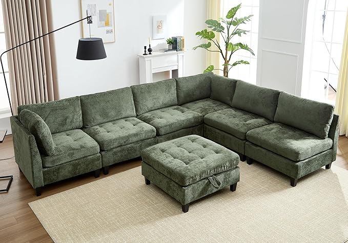 Luxe Oversized Modular Sectional Sofa, Modern Chenille Convertible Sleeper Sofa with Storage Ottoman, Comfy Deep Seat U-Shaped Cloud Couch for Living Room（Green，6-Seater + 1*Ottoman）
