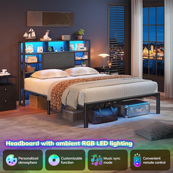 Homkdom Full Size Bed Frame with Storage Headboard, LED Lights & Charging Station Heavy Duty Metal Platform Bed for Small Bedrooms, 1100 LBS Capacity, No Box Spring Needed, Easy Assembly,Black