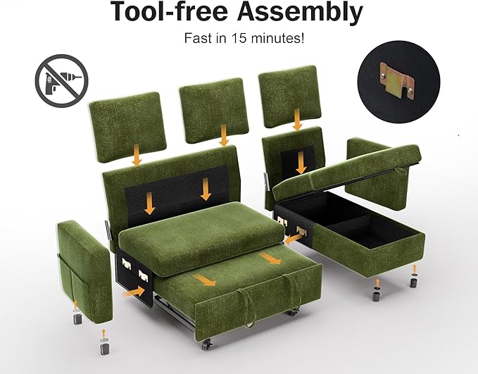 Vipbear 82" Sectional Sleeper Sofa with Pull Out Bed, L Shaped Couch Sleeper Sofa Bed, Pull Out Couch with Reclining Backrest, Reversible Storage Chaise, USB Ports, Tool-Free Assembly, Chenille Green