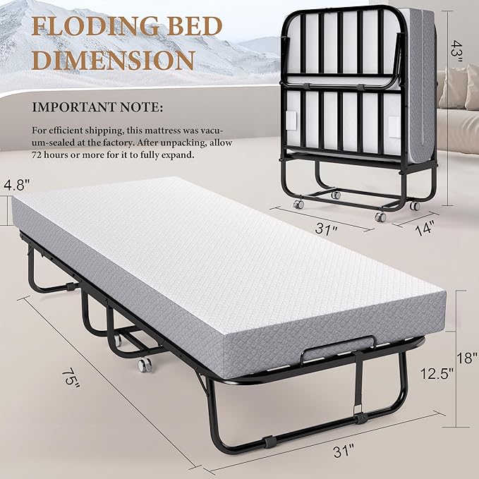 Decofy Folding Bed with Memory Foam Mattress, Portable Rollaway Guest Beds on Wheels, 75"x31" Twin Size Space-Saving Cot-Size Bed for Adults with Easy Assembly Metal Frame (White)
