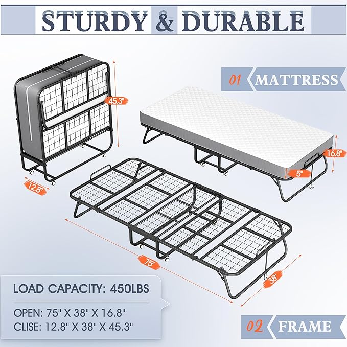 INTERGREAT Folding Bed, 75" x 38" Twin Size Frame, Folding Bed with 5-inch Memory Foam Mattress, Metal Foldable Twin Bed for Adults, Space Saving Portable Roll Away Beds for Easy Storage