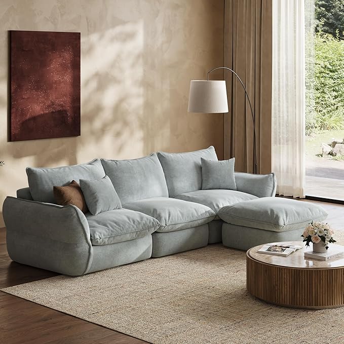 106'' Down Blend L-Shaped Sectional Sofa, Deep Seat Feather-Filled Cushions, Oversized Cloud Couch with Sink-in Comfort, Modern Living Room Sofa – Sky Fog Blue