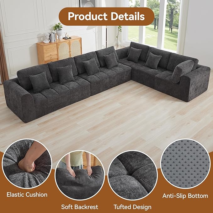 170''Modular Sectional Couches for Living Room, Cloud Boneless Compressed Sectional Sofa, Oversized L Shaped 7 Seater Upholstered Memory Foam Sofa, No Assembly, Chenille Grey