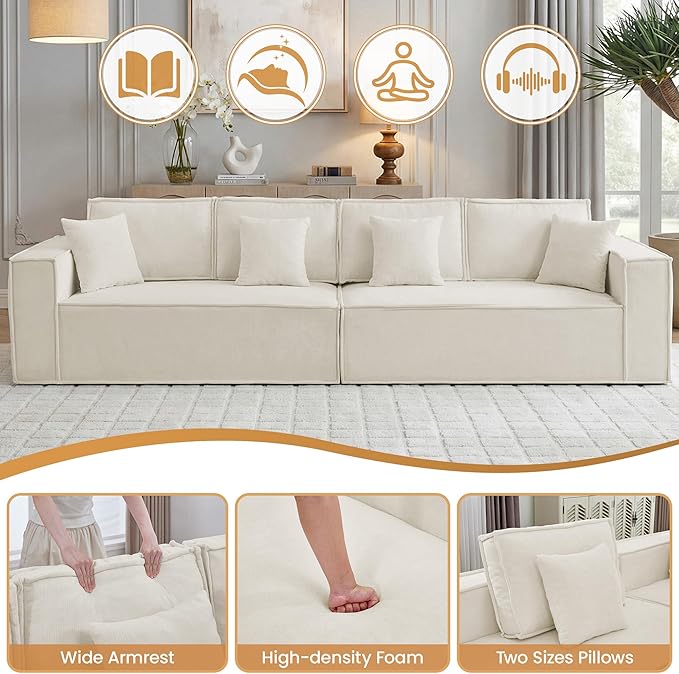 108'' Comfy Chenille Boneless Couch, Oversized Modular Sectional 4 Seater Sofa, Modern Deep Seat Corner Cloud Compressed Couch, No Assembly Sleeper Sofa with Chaise for Living Room, Beige