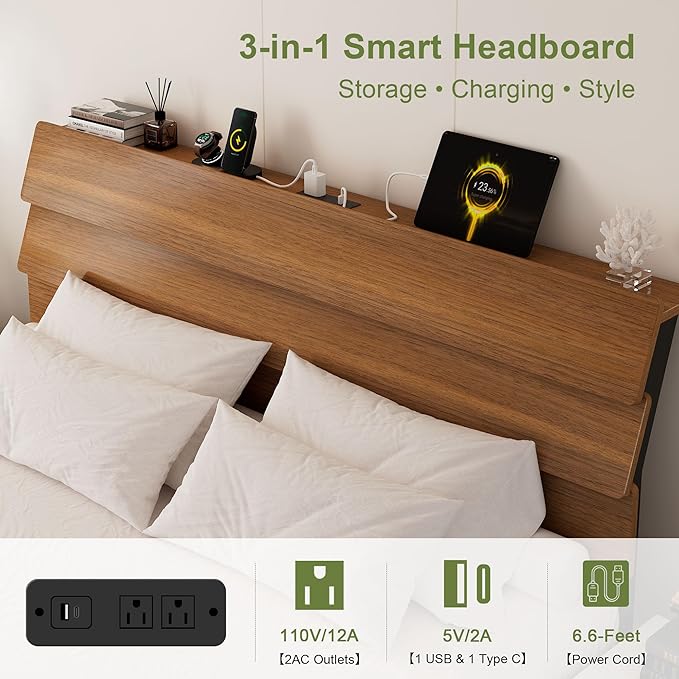 Feonase Floating Bed Frame King with Led Lights and Charging Station, Wood Full Size Bed Frame with Storage Headboard, Heavy Duty Metal Slats, No Box Spring Needed, Easy Assembly,Walnut