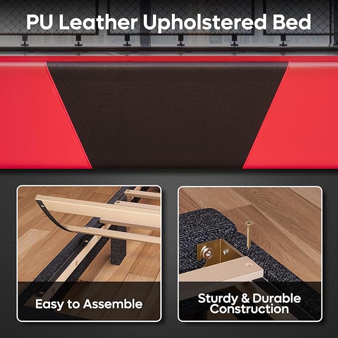 Bestier King Bed Frame with Headboard and LED Light, Faux Leather Upholstered Platform Bed with Storage Shelf, Gaming Style Bed Base, Wood Slat Support, Never Squeaks, No Box Spring(Black-Red)